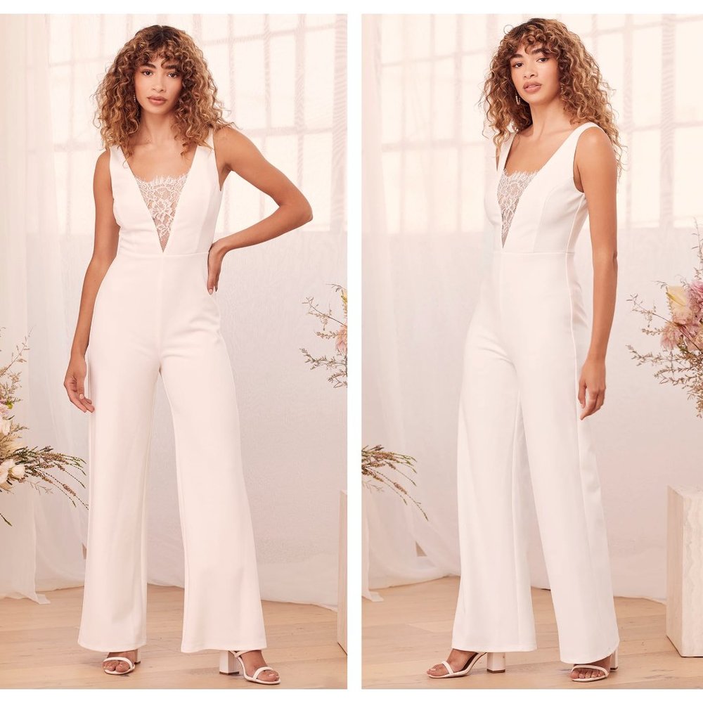 Lulu's Ivory Lace Plunge Jumpsuit